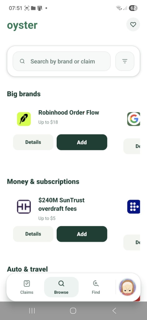 Oyster Browse tab showing categorized settlements with Add and Details buttons