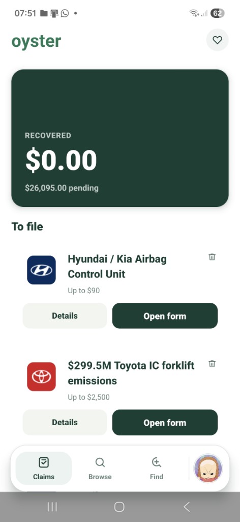 Oyster Claims tab with pending payout total and Open form buttons per claim