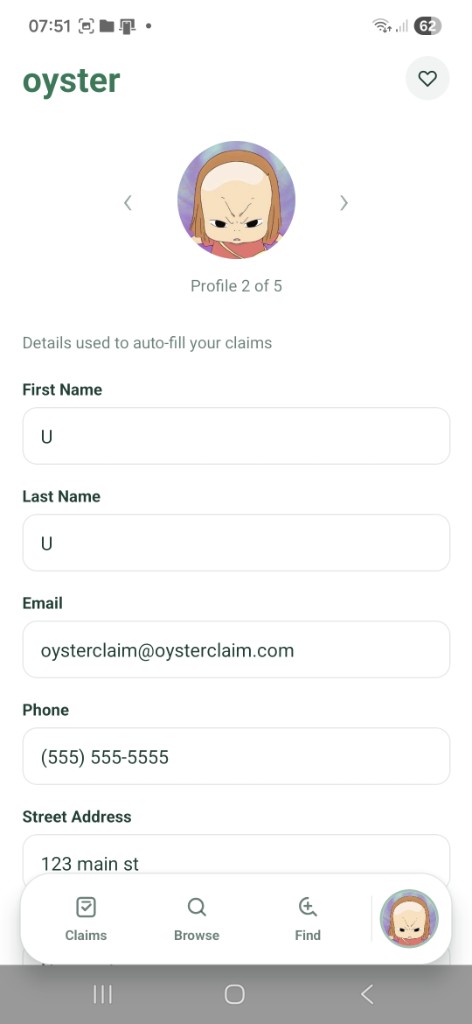 Oyster Profile screen with auto-fill fields for name, email, phone, and address